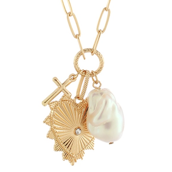 Heart & Cross & Pearl Charm Necklace - Picture 2 of 2
